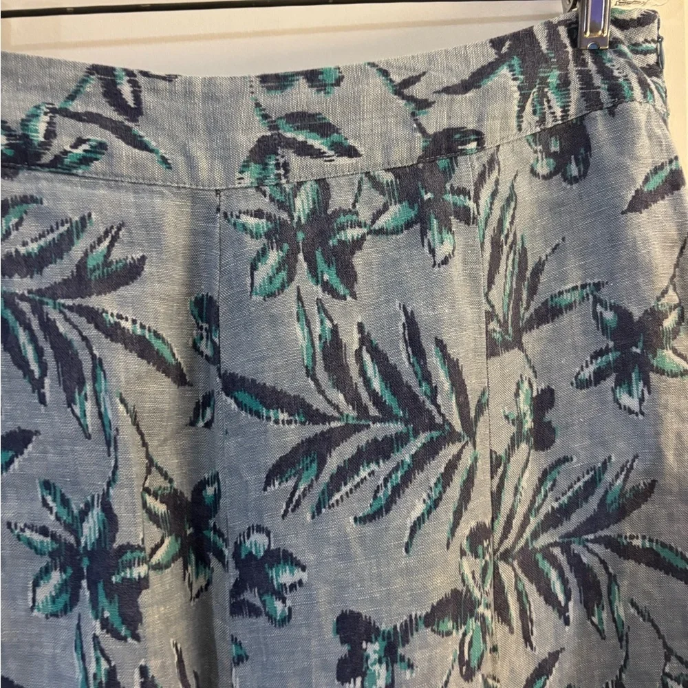 JM Collection Blue Floral Linen A-Line Midi Skirt Sz 16